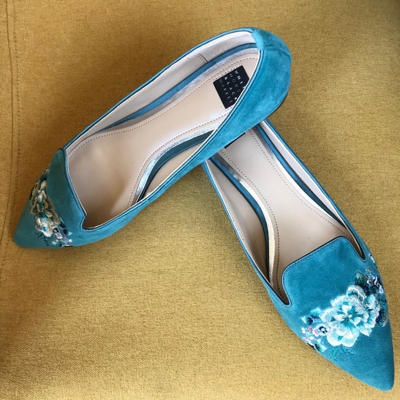 White House Black Market Shoes - WHBM Blue Teal Embroidered Suede Pointed Flats